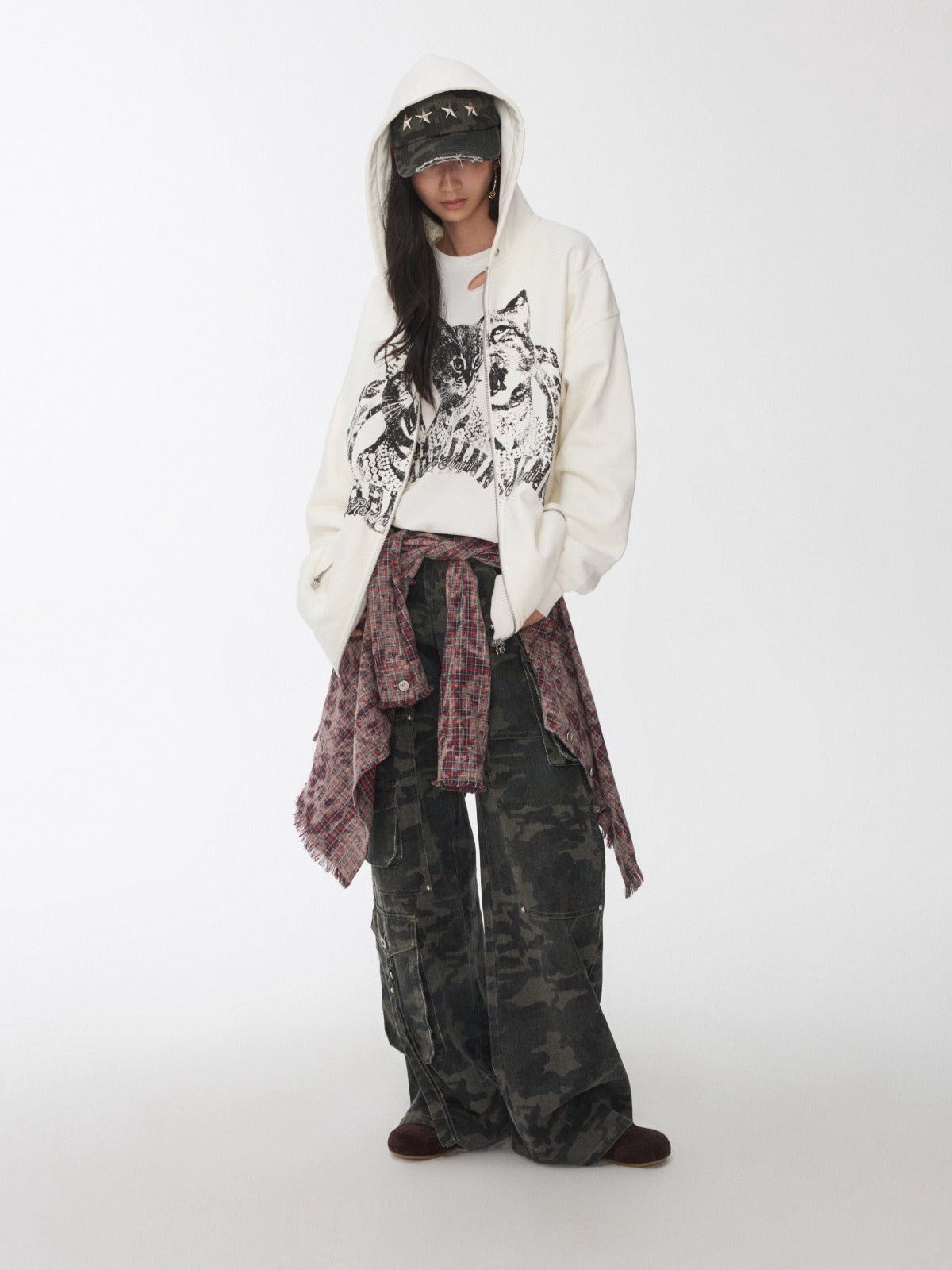 Cat Print Double-Zip Convertible Hoodie - CHINASQUAD