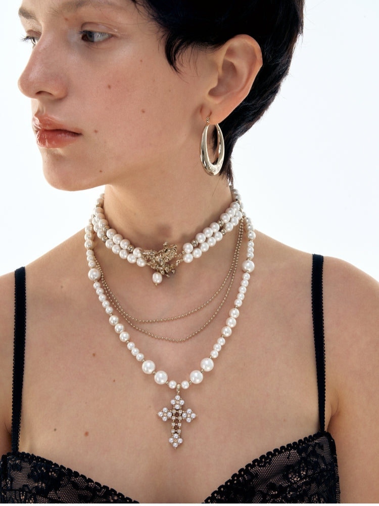 Gothic Angel Pearl Cross Choker - CHINASQUAD