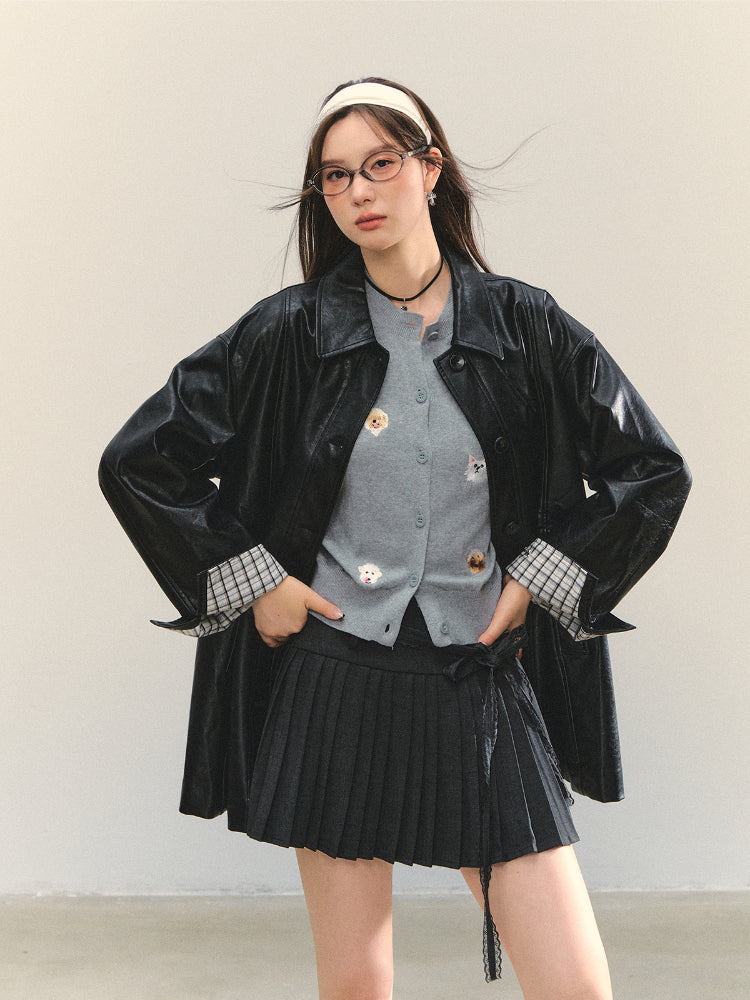 Black H-shaped Cuff Checkered Spliced Leather Jacket - CHINASQUAD