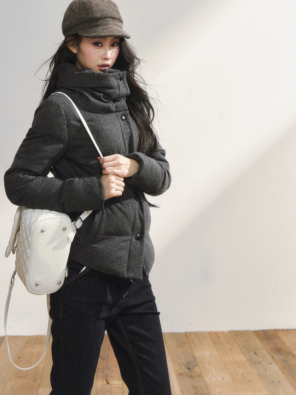 Gray Wool-Blend Quilted Short Puffer Jacket
