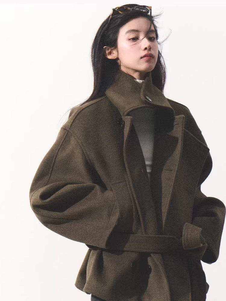 Waist-Defining Silhouette Stand-Collar Wool Coat