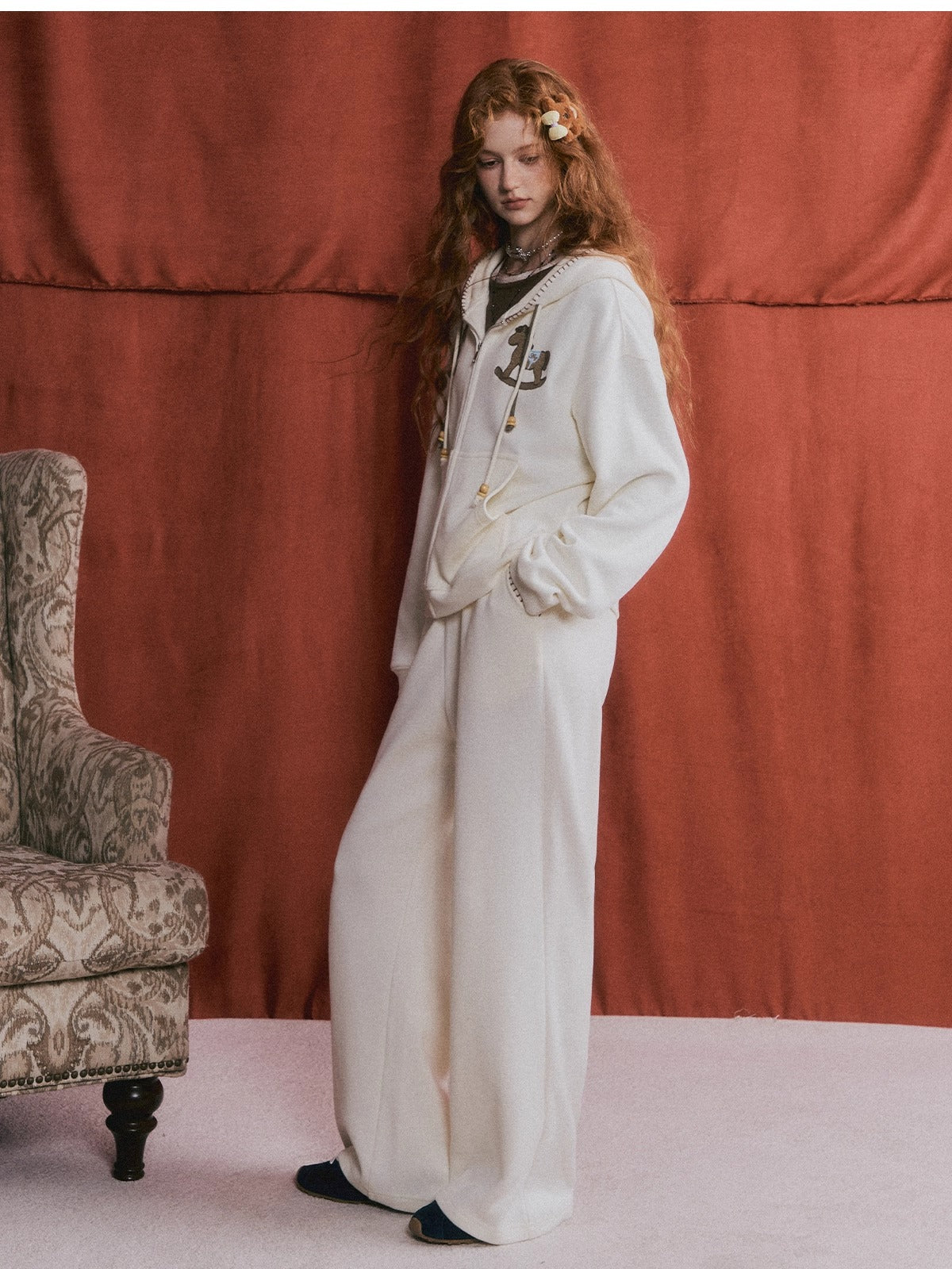 Embroidered Horse Beaded Zip-up Hoodie & Pants Set