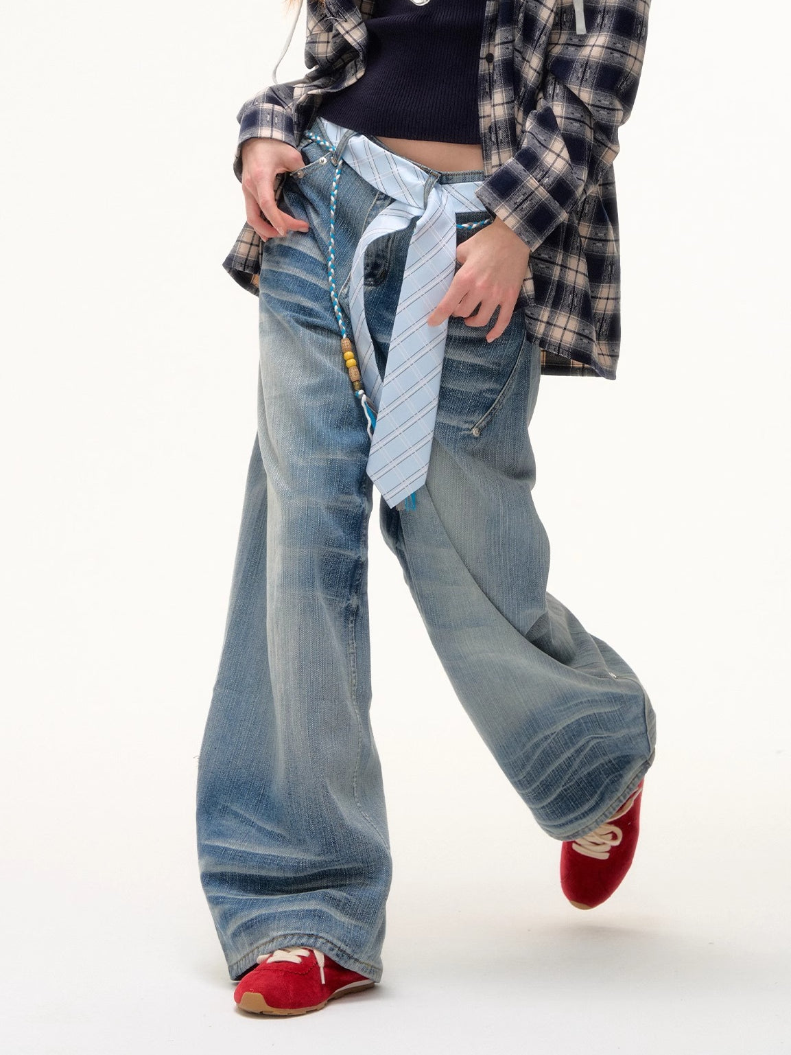 Beaded Tie-Waist Washed Denim Pants - CHINASQUAD