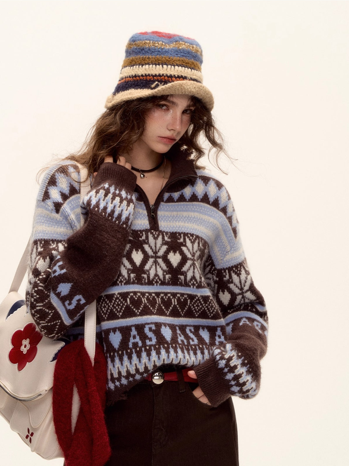 Vintage Fair Isle Half-Zip Fringe Hem Sweater