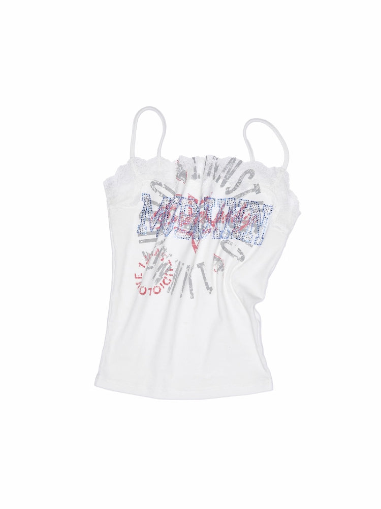 Vintage Lace Print Rhinestone Camisole