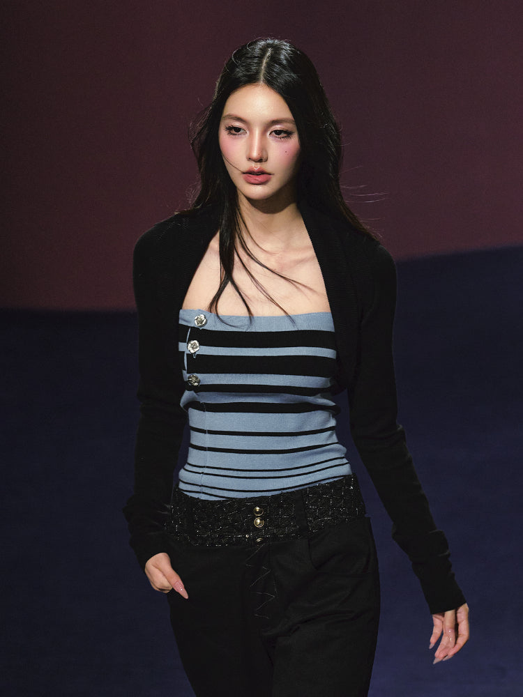 Striped Contrast Hand-Sewn Button Tube Top & Shrug Set - CHINASQUAD