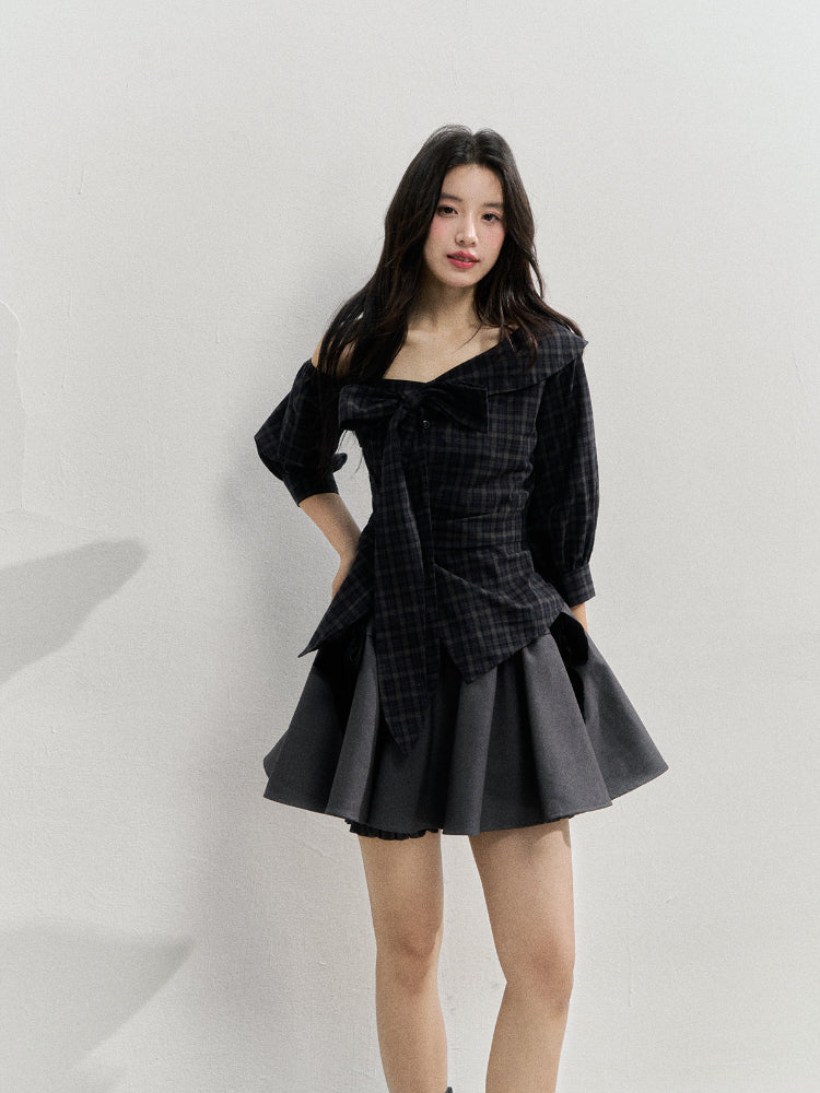 Checkered Bow One-Shoulder Asymmetric Waist-Cinching Shirt - CHINASQUAD