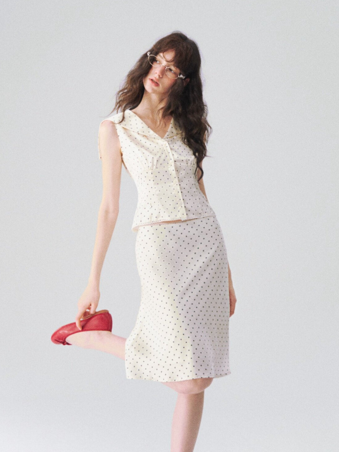 Collar Cinched Top & French A-line Midi Skirt Set