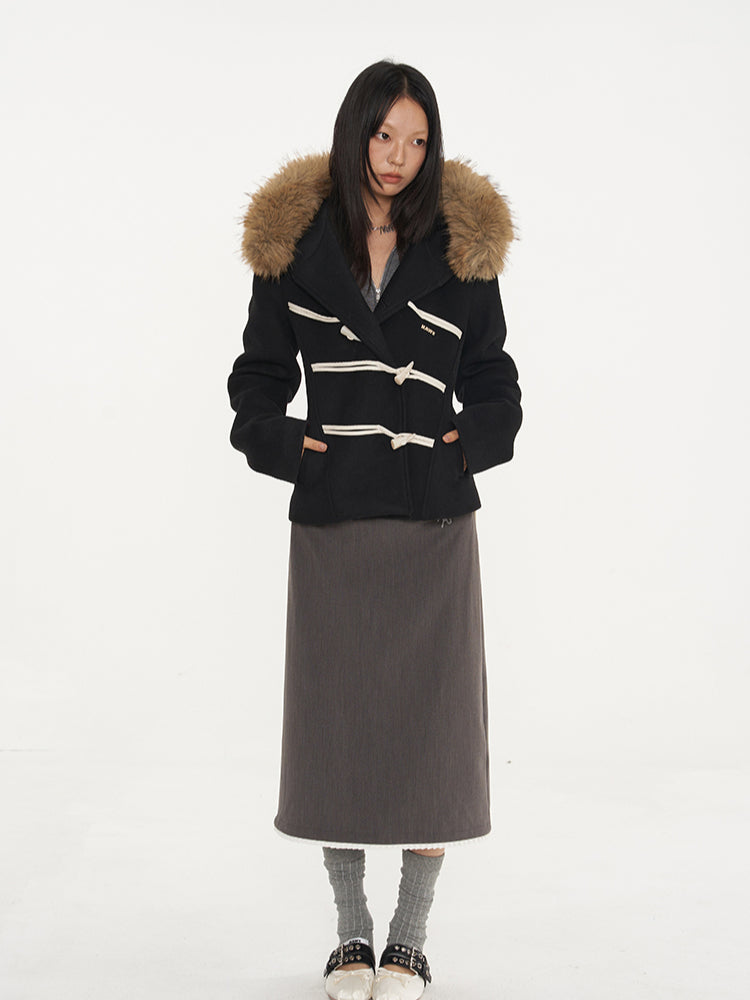 Black & Oatmeal Wool Toggle Coat - CHINASQUAD