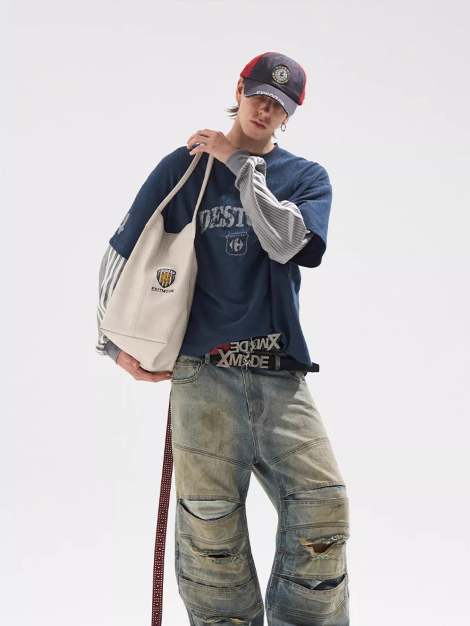 Faded Print Layered-Effect Patchwork Long Sleeve T-Shirt - CHINASQUAD