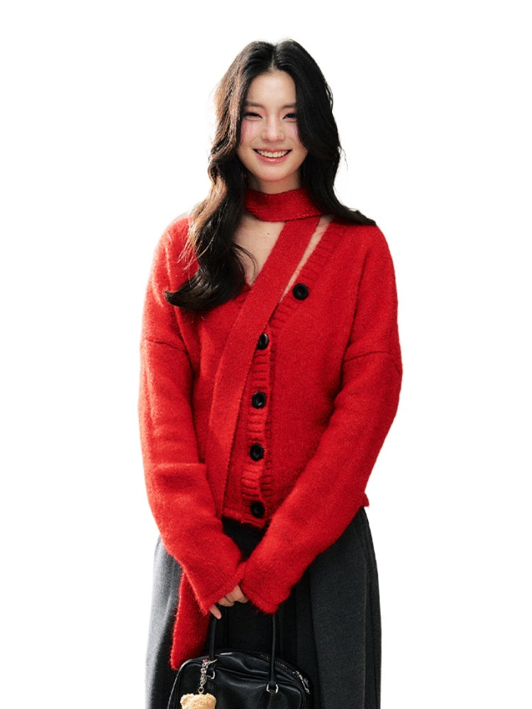 Red Knitted Cardigan Fashion Sweater  - CHINASQUAD