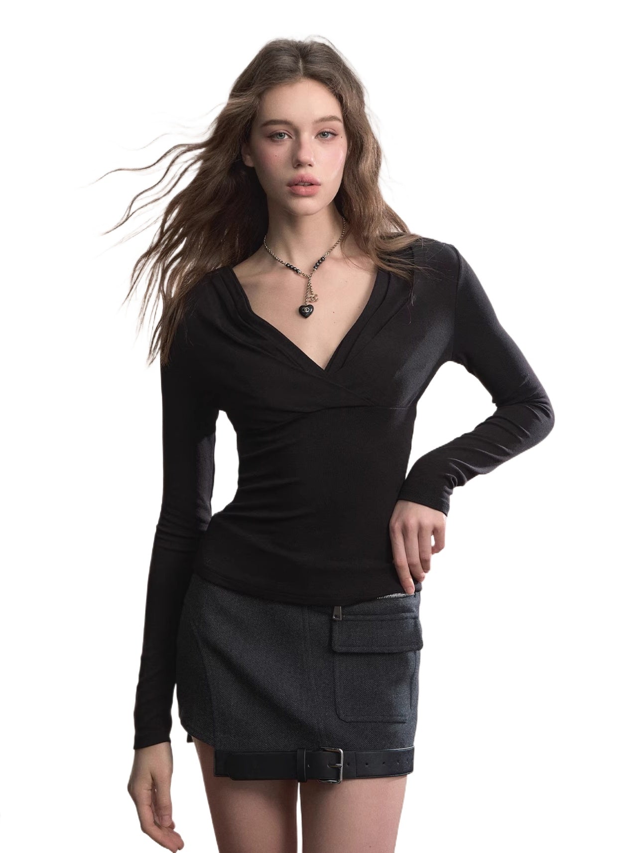 Ruched V-Neck Tencel Slim-Fit Sweater