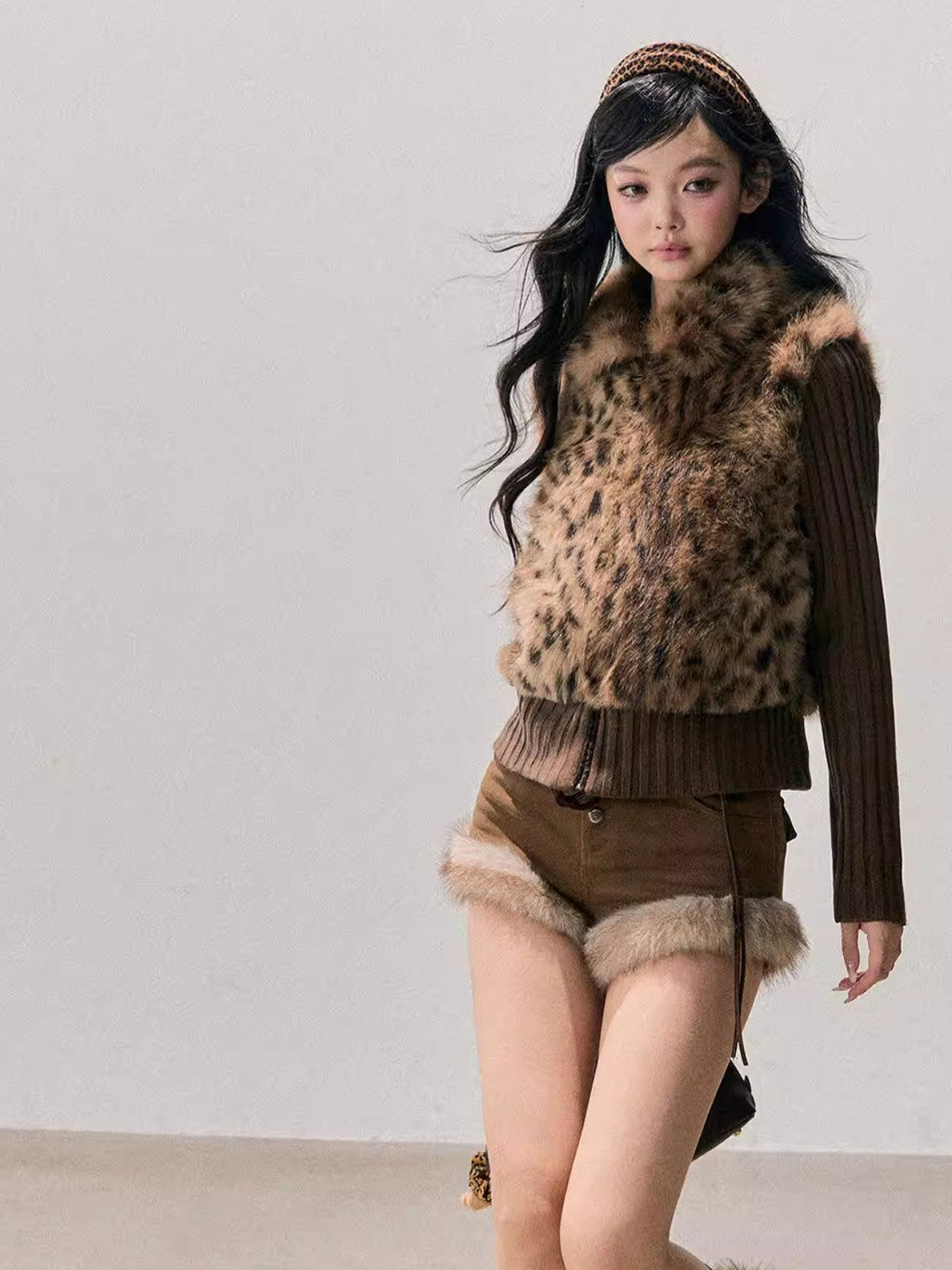 Faux Two-Piece Eco Fur Knit Jacket