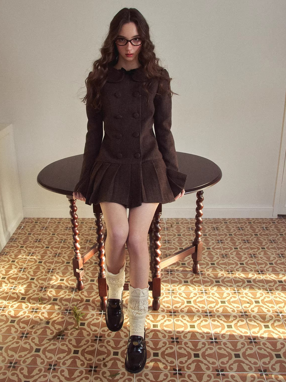 Vintage Preppy Doll-Collar Houndstooth Pleated Dress