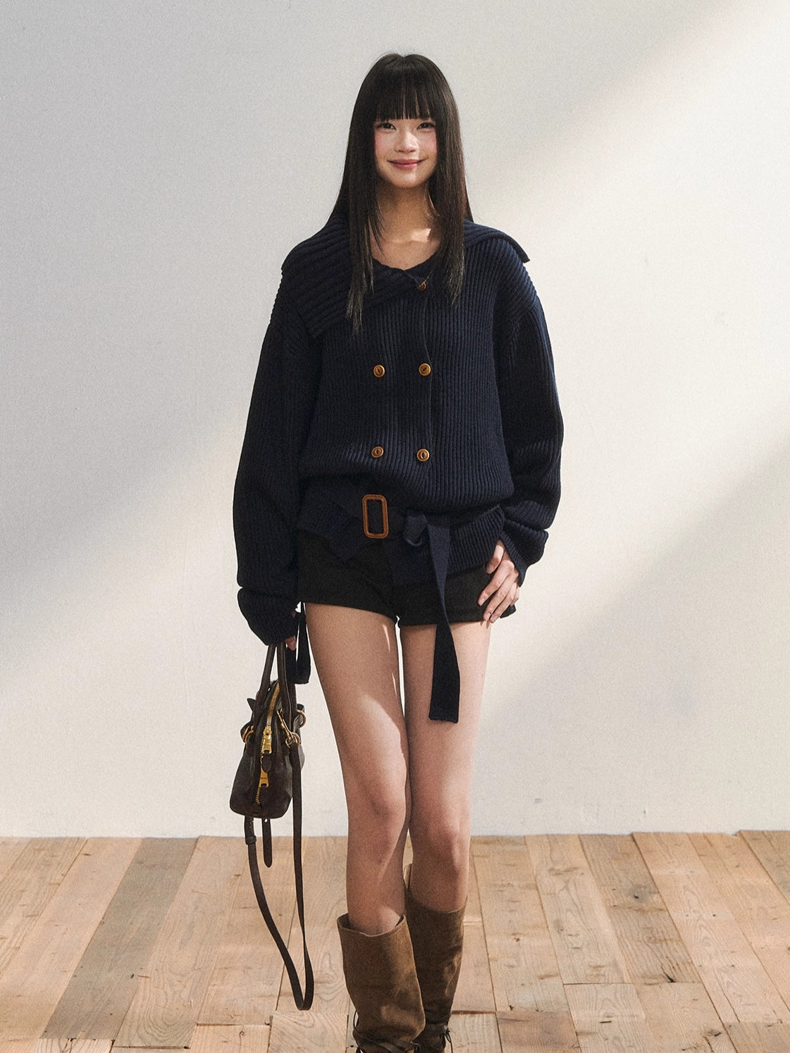 Double-Breasted Belted Knit Cardigan