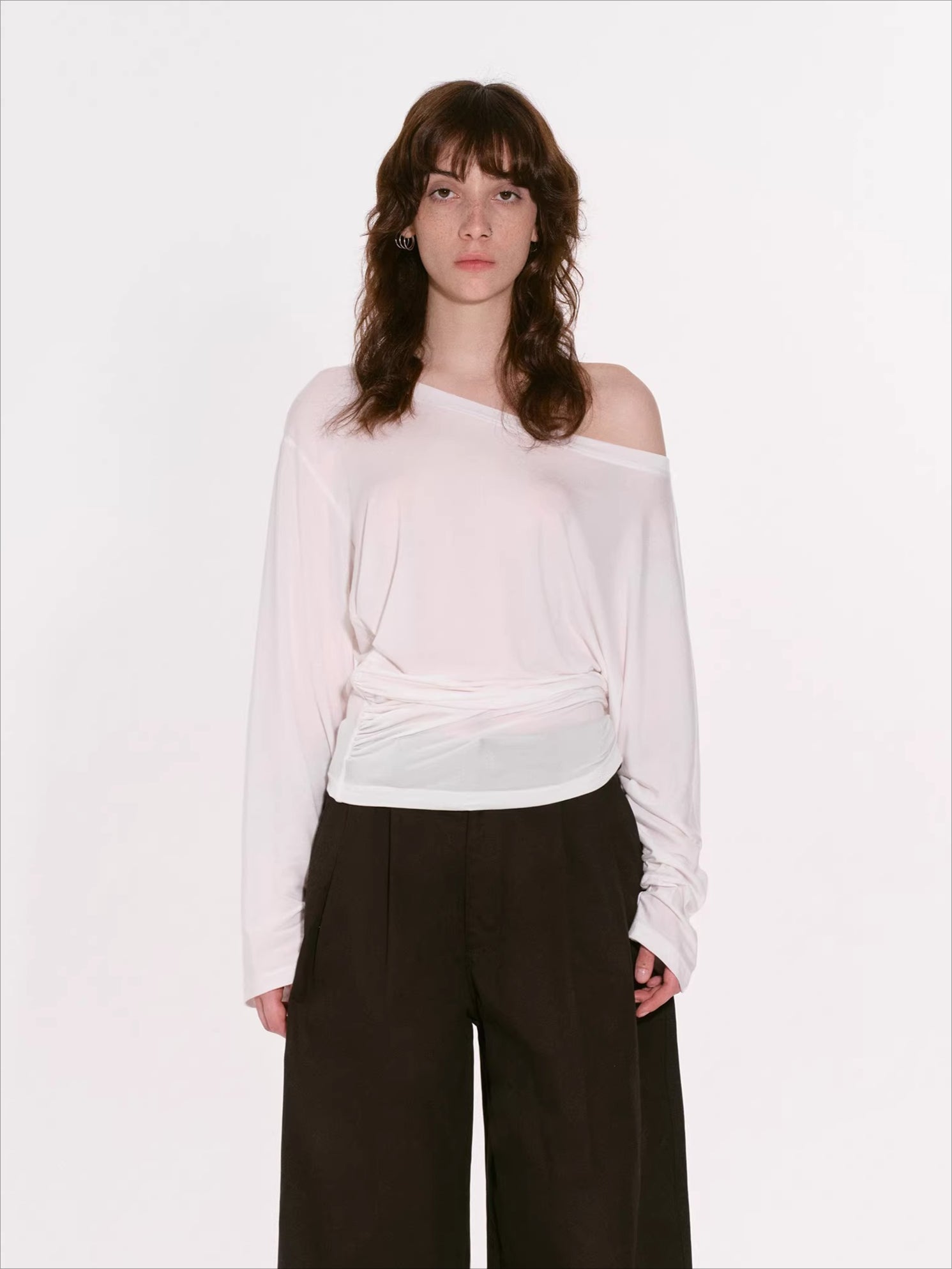 Draped Lyocell Off-Shoulder Long Sleeve T-Shirt