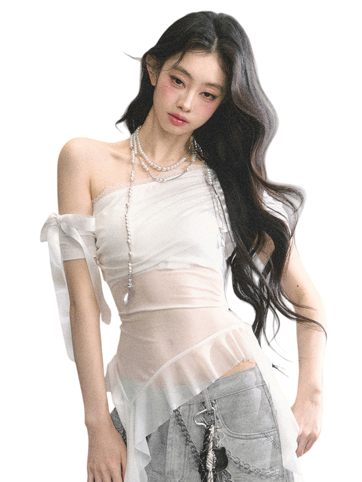 Off-Shoulder Mesh Short-Sleeve T-Shirt