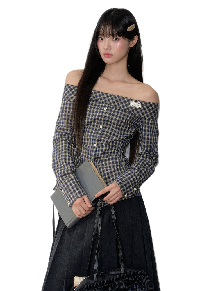 One-Shoulder Waist-Cinching Checked Shirt - CHINASQUAD