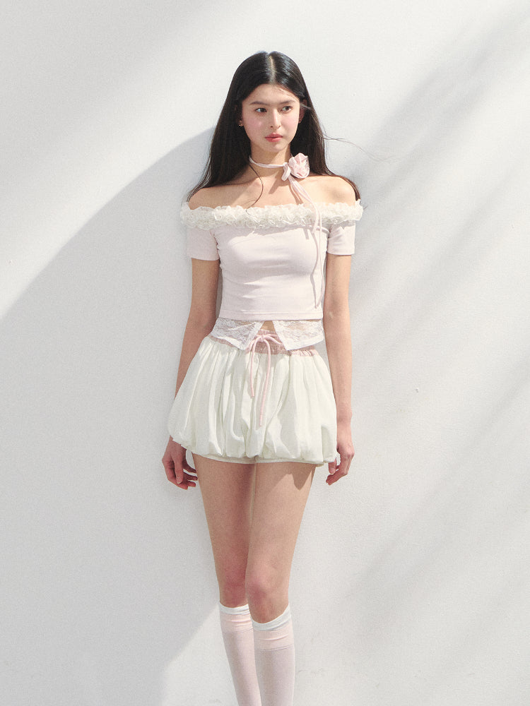 Off-Shoulder Irregular 3D Floral T-Shirt