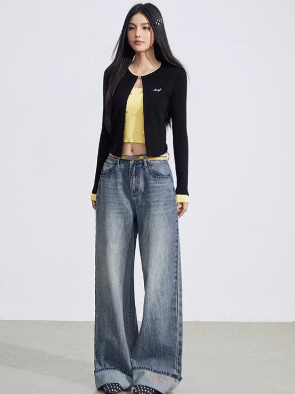 Vintage Wash Embroidered Wide-Leg Jeans