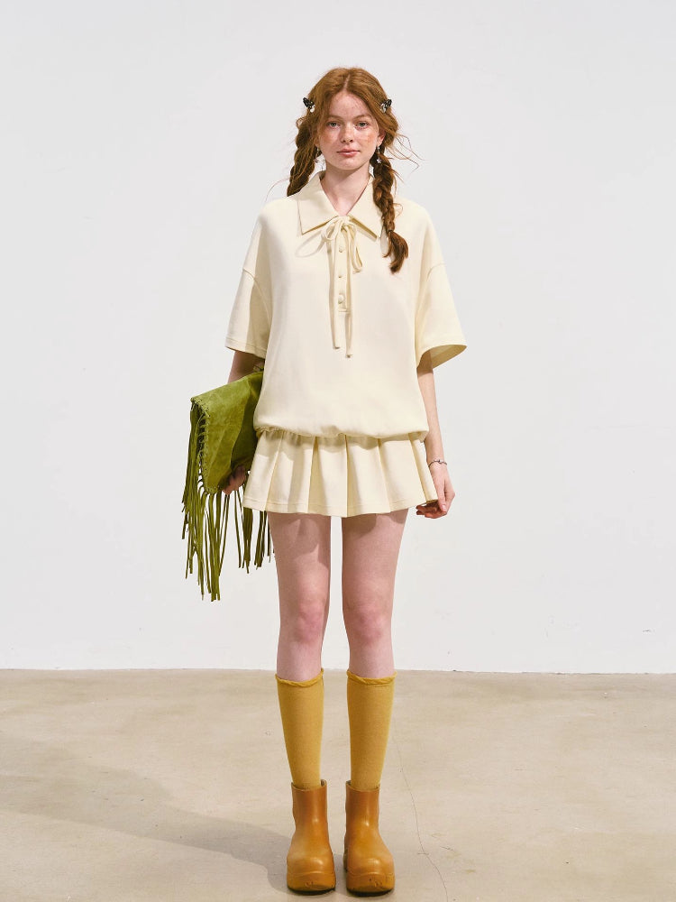 Bowknot Pleated Short-sleeved Dress - CHINASQUAD