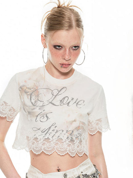 White Lace Faux Two-piece Layered T-shirt - CHINASQUAD