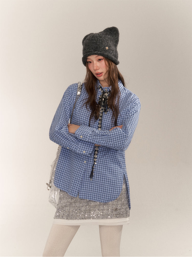 Vintage College Style Blue Plaid Shirt - CHINASQUAD