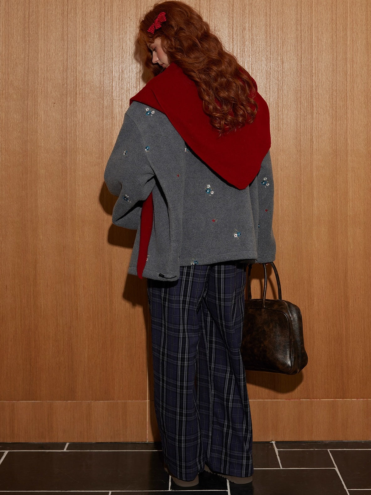 Floral Embroidered Plaid Fleece Oversized Jacket