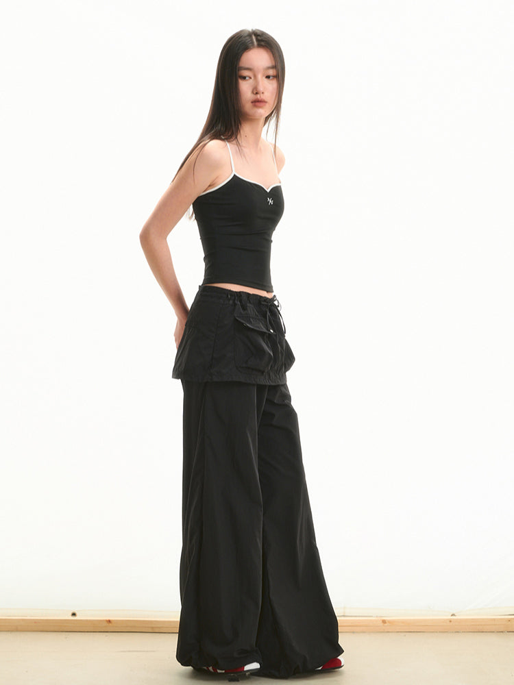 Faux Two-Piece Low-Waist Loose Drawstring Pants - CHINASQUAD