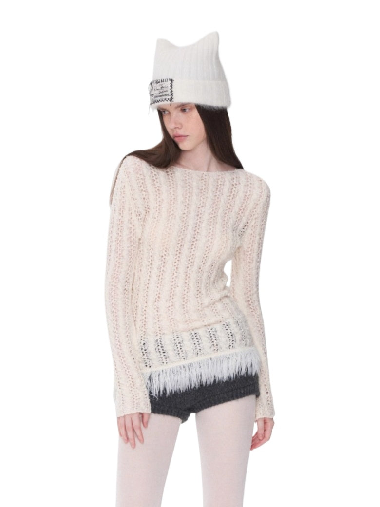 Cable-Knit Faux-Fur Trim Fitted Sweater