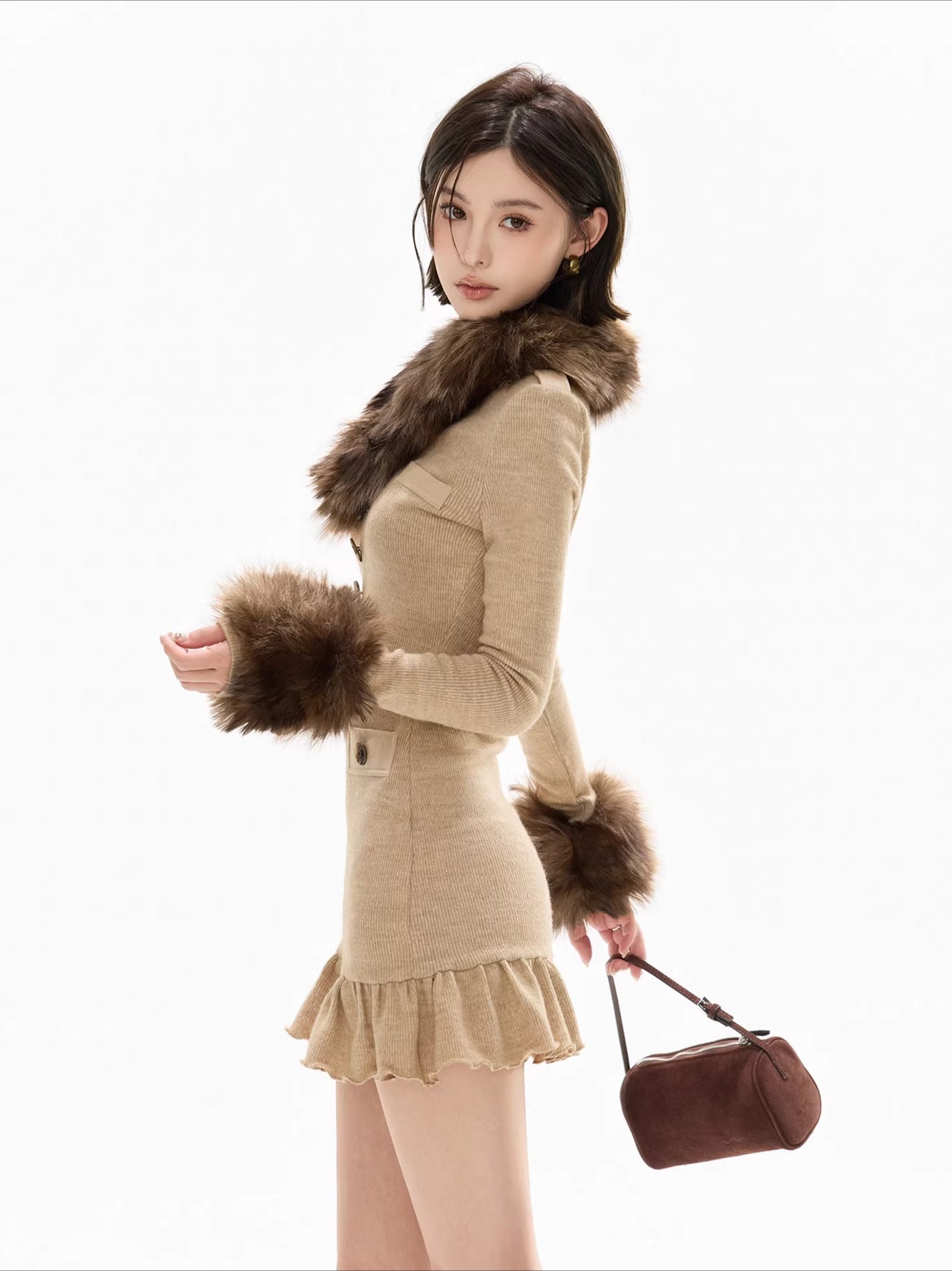 Mesh Shawl Ruched Knit Bodycon Dress