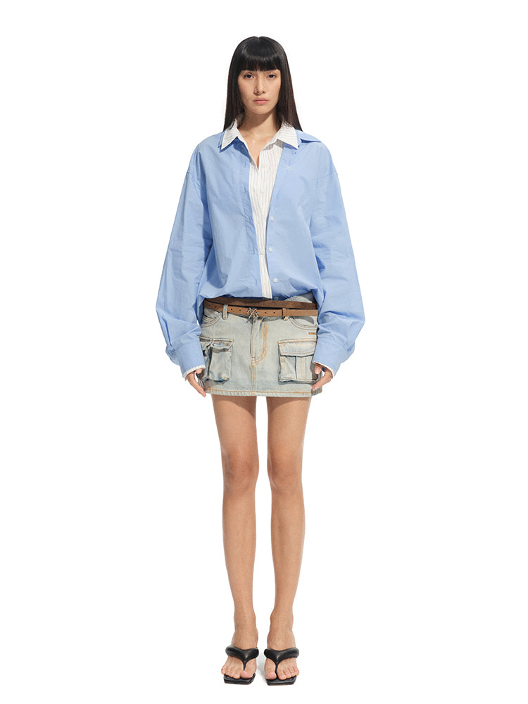 Wrinkle-Resistant Striped Fake Two-Piece Silhouette Collared Shirt - CHINASQUAD