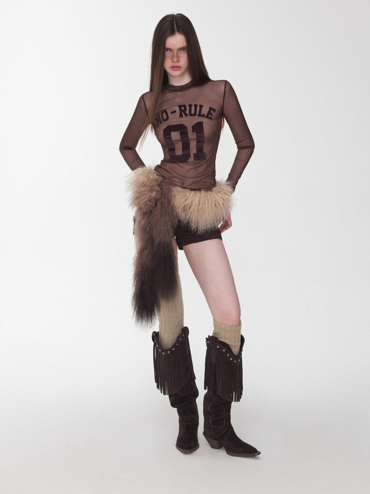 Velvet-Textured Sport Print Mesh Blouse