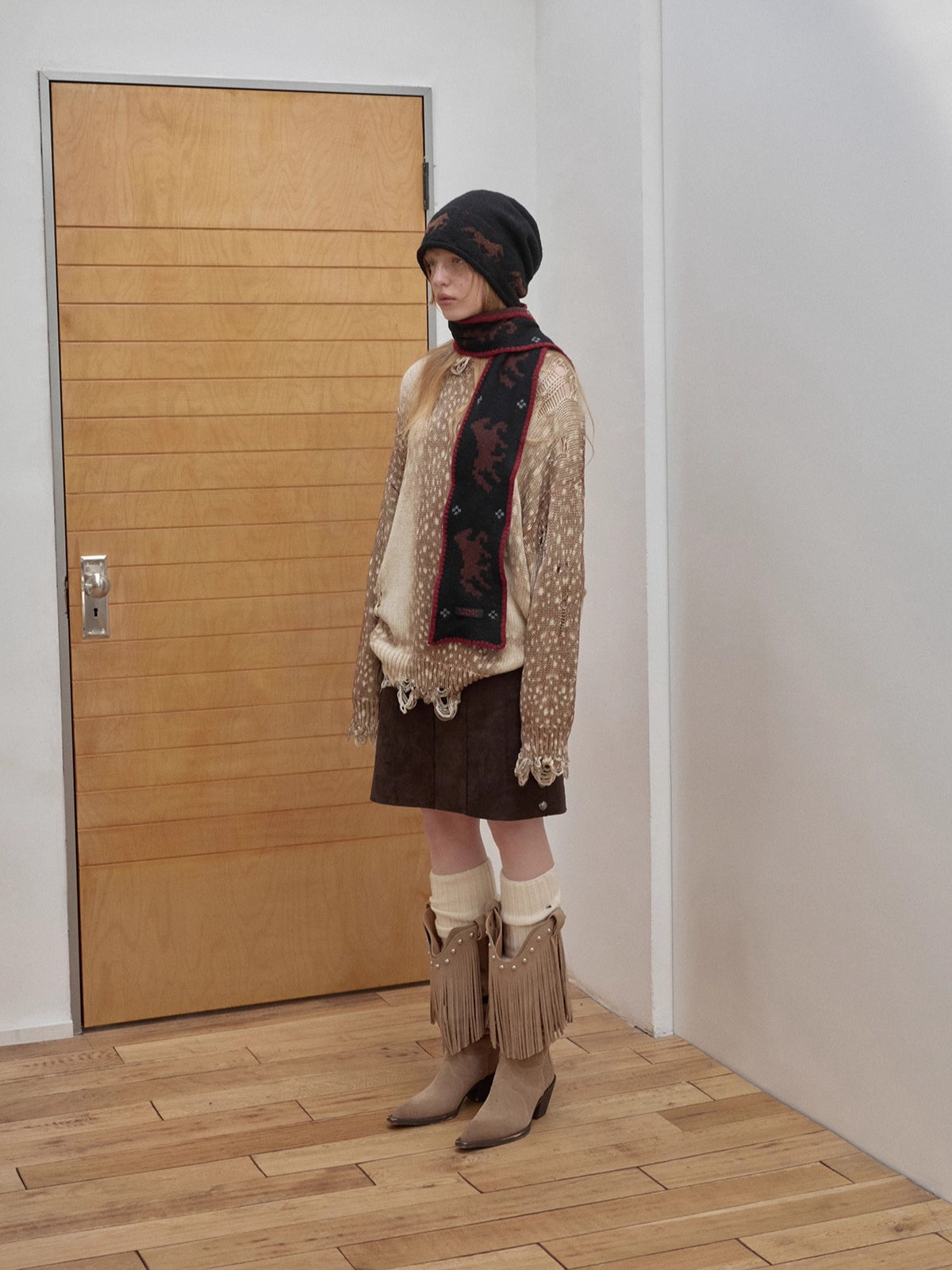 Vintage Deer Print Distressed Knit Sweater