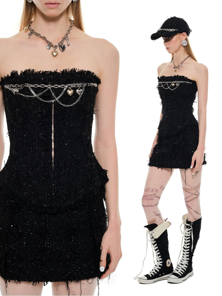 Black Tweed Mid-Low Waist Pencil Skirt - CHINASQUAD