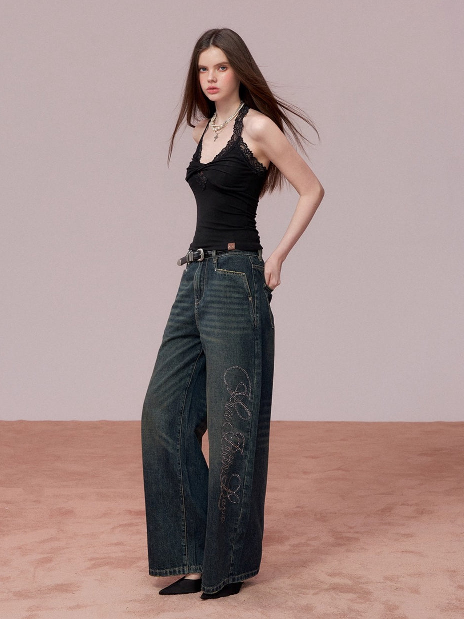 Embellished Rhinestone Vintage Wide-Leg Jeans