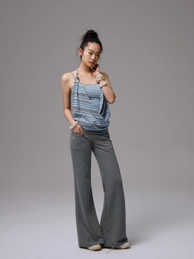 Blue-Gray Striped Two-Way Beaded Swing Collar Tank Top - CHINASQUAD