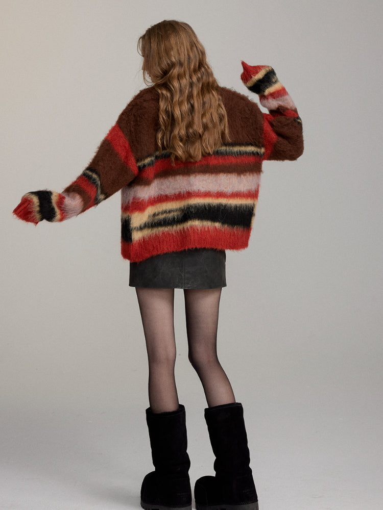 Brushed Colorblock Striped Knit Cardigan - CHINASQUAD