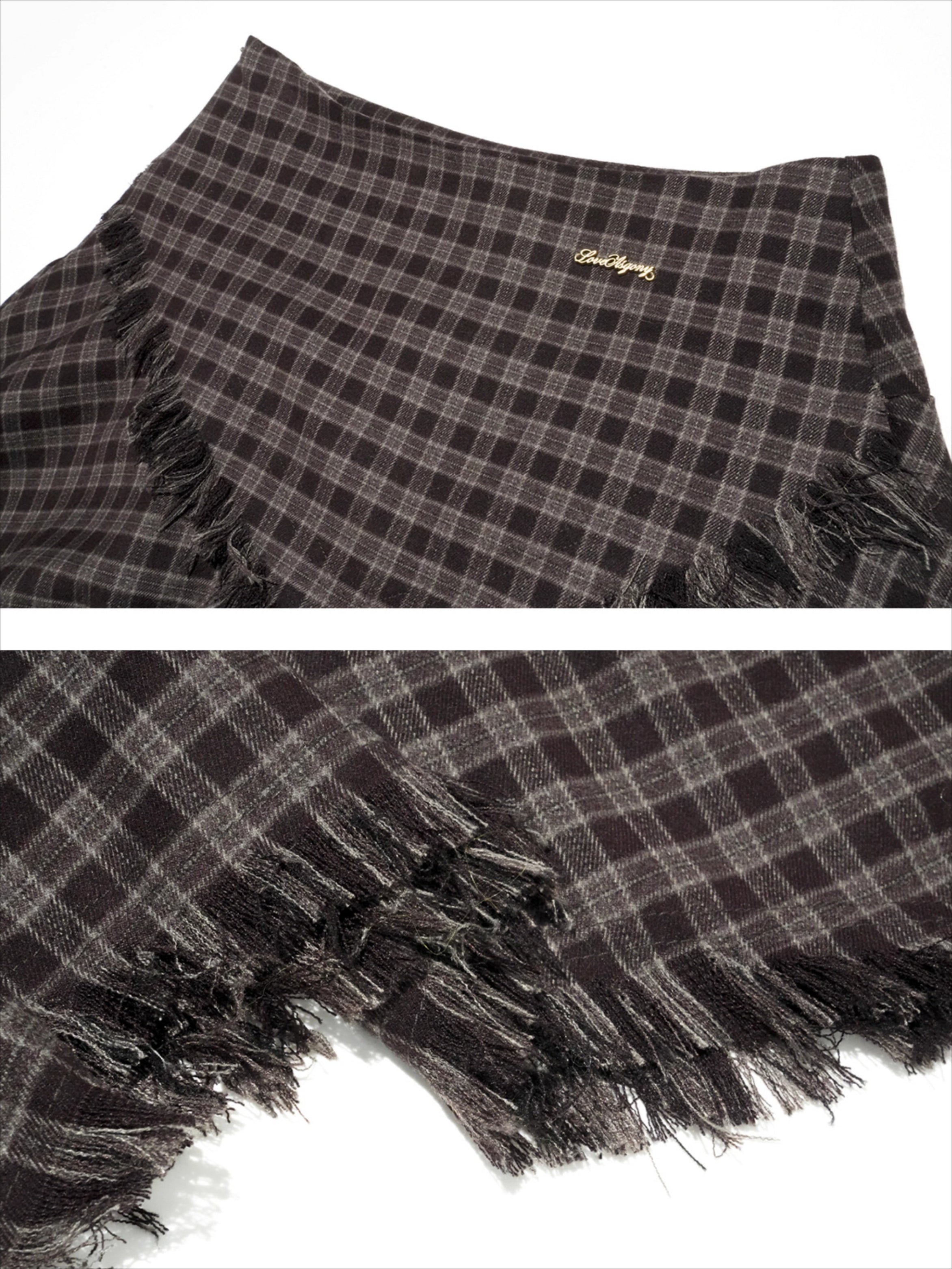 Frayed Hem Plaid Studded Belt Asymmetric A-Line Midi Skirt