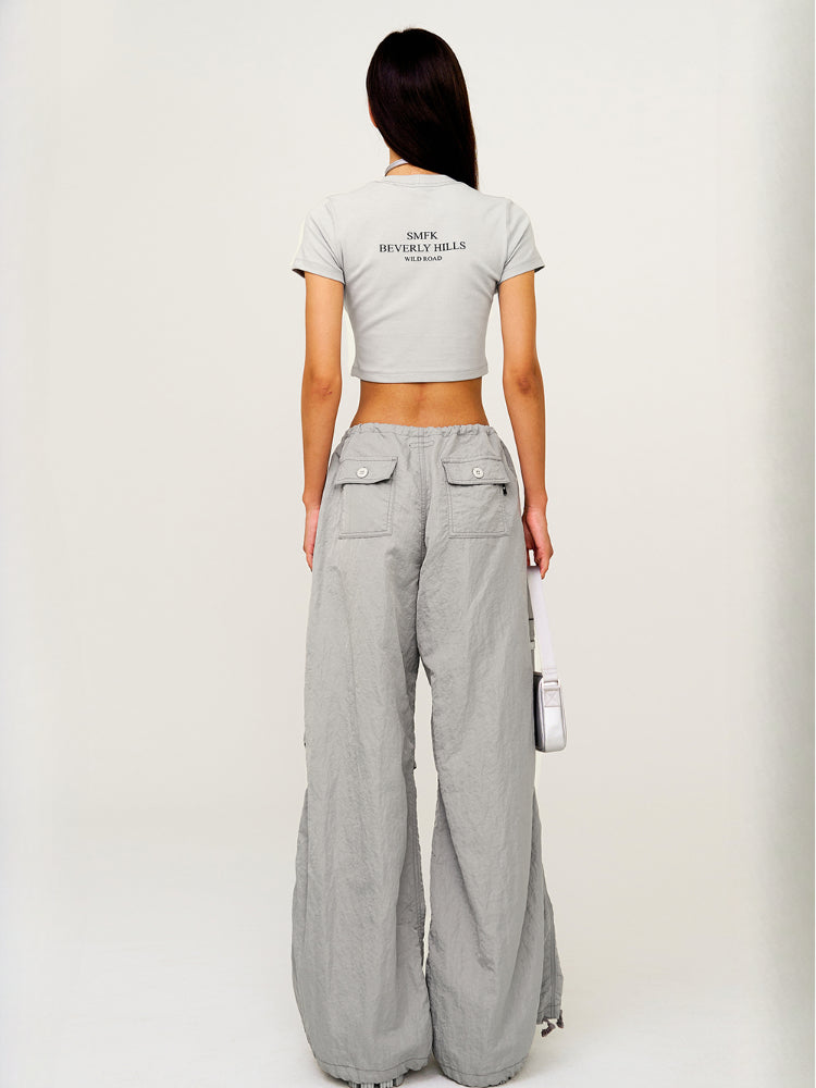 Drawstring Wide-Leg Cargo Workout Pants - CHINASQUAD