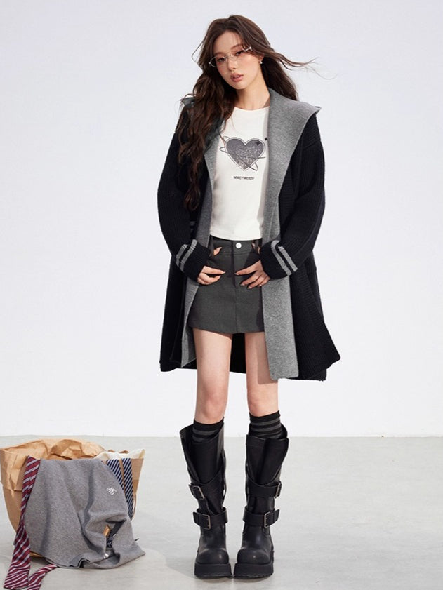 Detachable Collar Knit Hooded Long Cardigan - CHINASQUAD