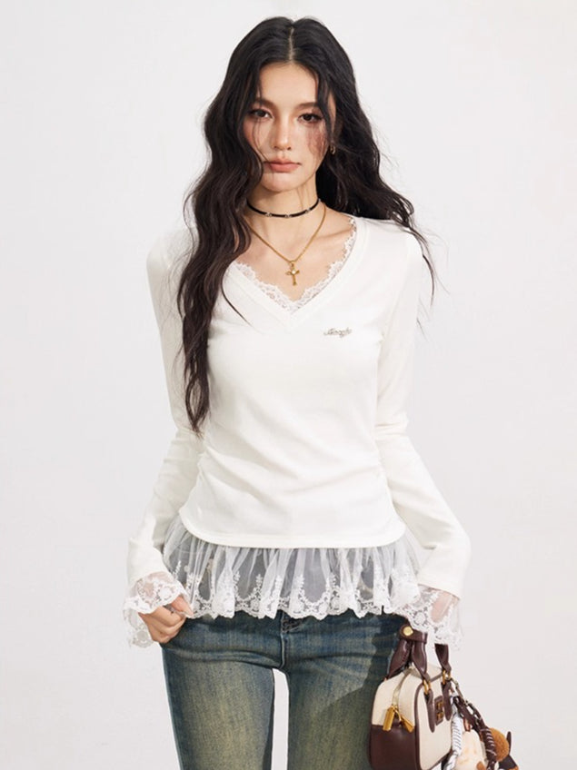 Lace Panel V-Neck Slim-Fit Long Sleeve T-Shirt - CHINASQUAD