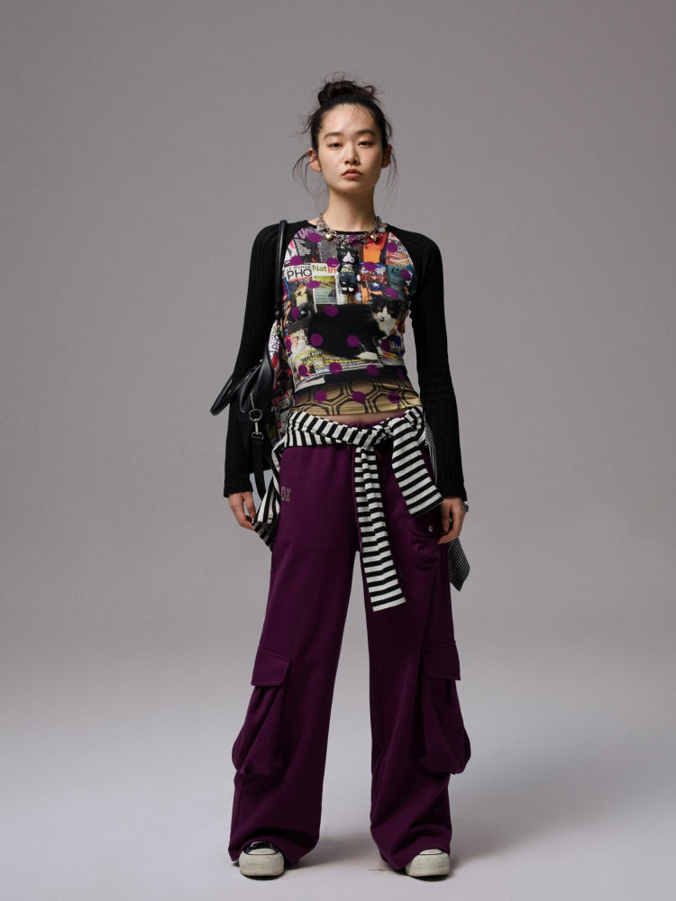 Cat Print Raglan Sleeve Color-Blocking T-Shirt - CHINASQUAD