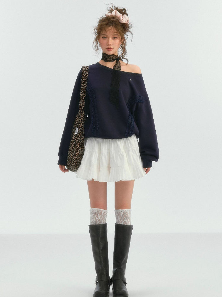 Lace Trim Off-Shoulder Sweatshirt - CHINASQUAD