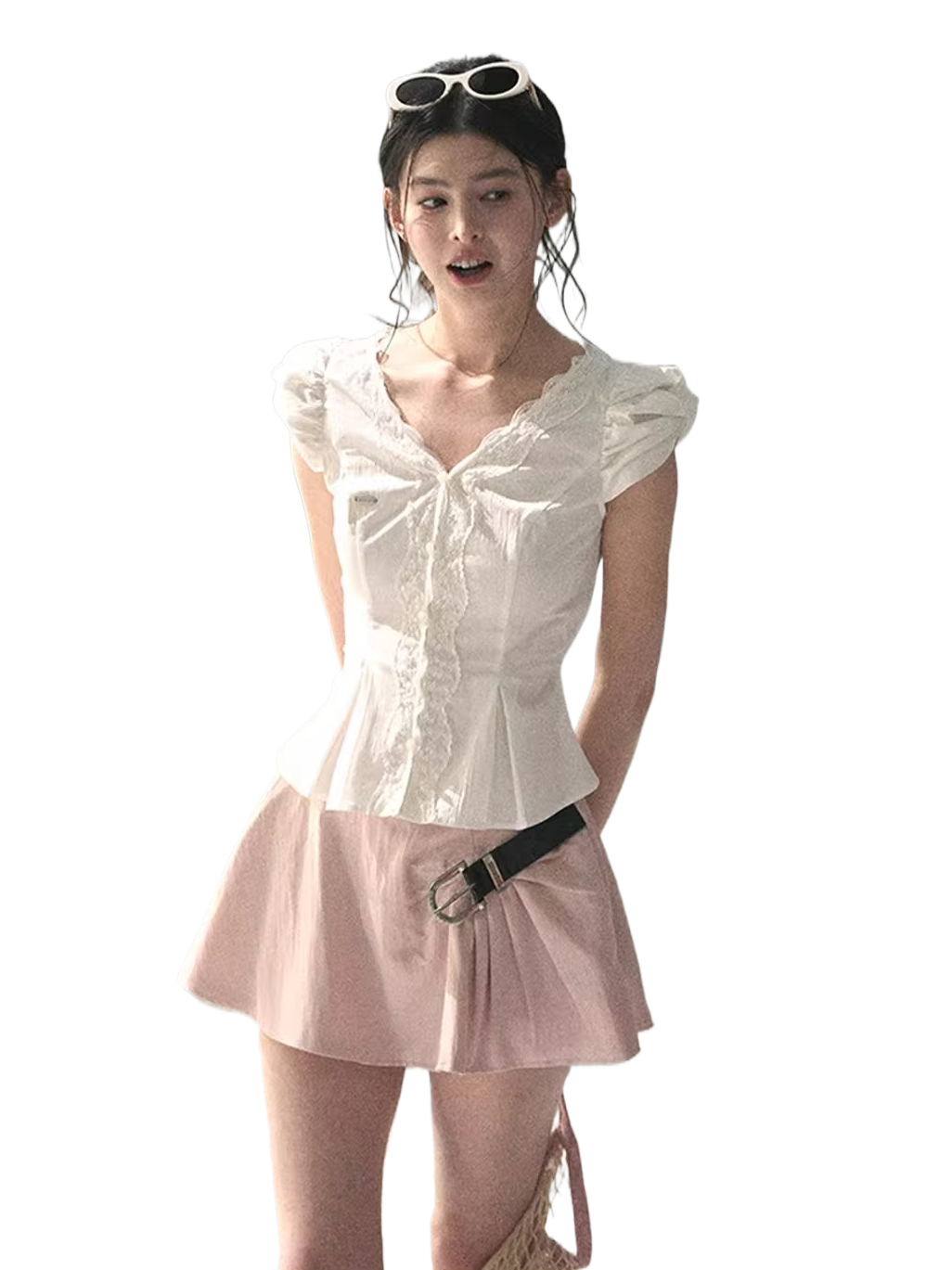 Lace Trim French V-Neck Blouse
