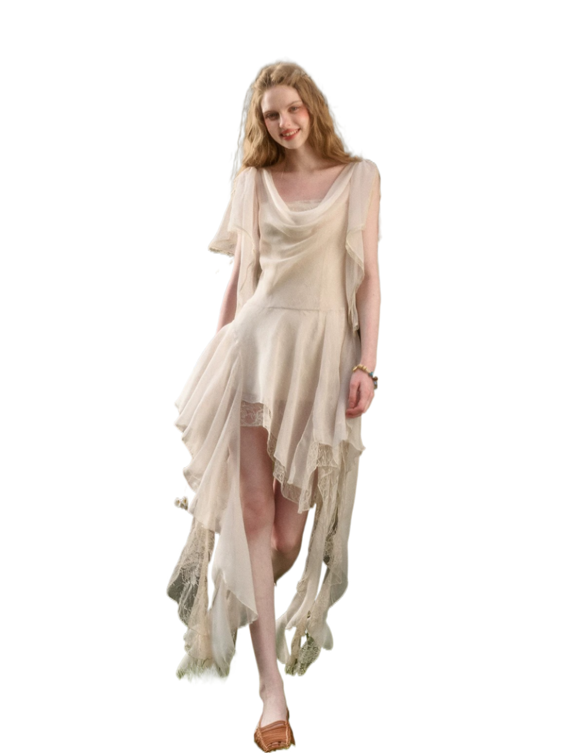 GROUP OF UNIVERSE Ethereal Draped Chiffon Lace Asymmetric Dress Apricot / L