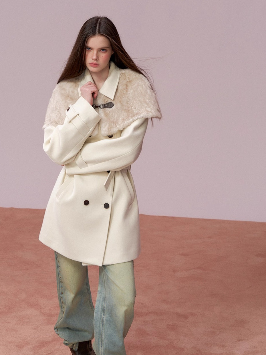 Faux-Fur Cape-Style Wool Coat