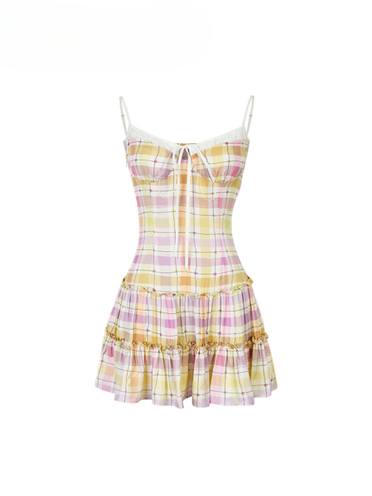 Fake Two-piece Plaid Spliced Cami Dress - CHINASQUAD