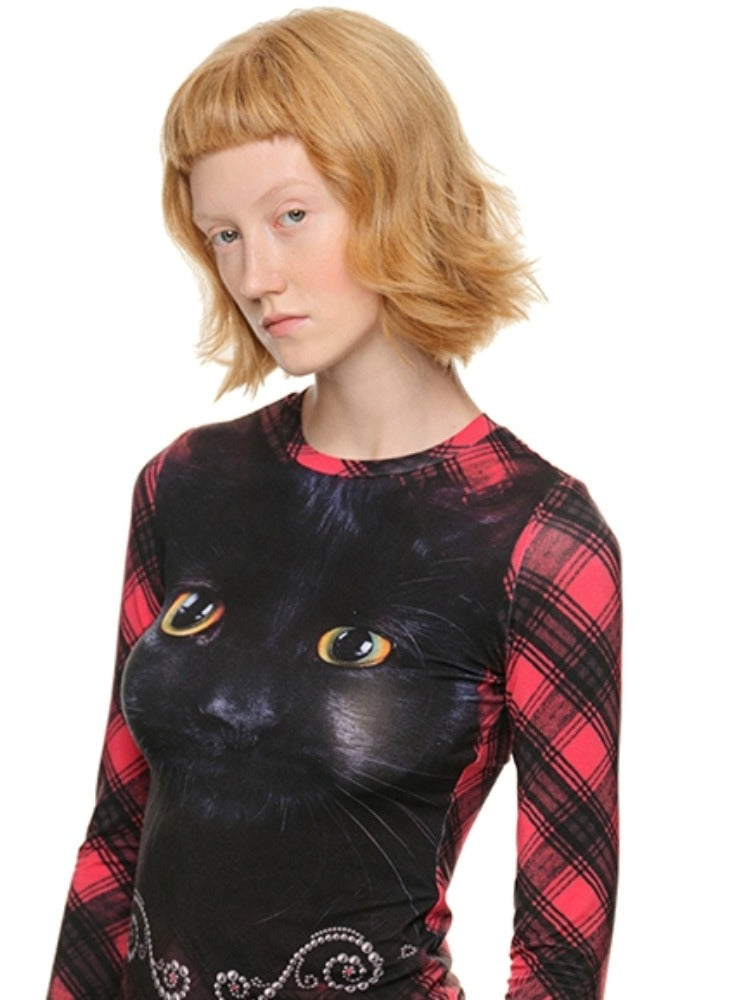 Cat Print Long-Sleeve Crewneck T-Shirt - CHINASQUAD