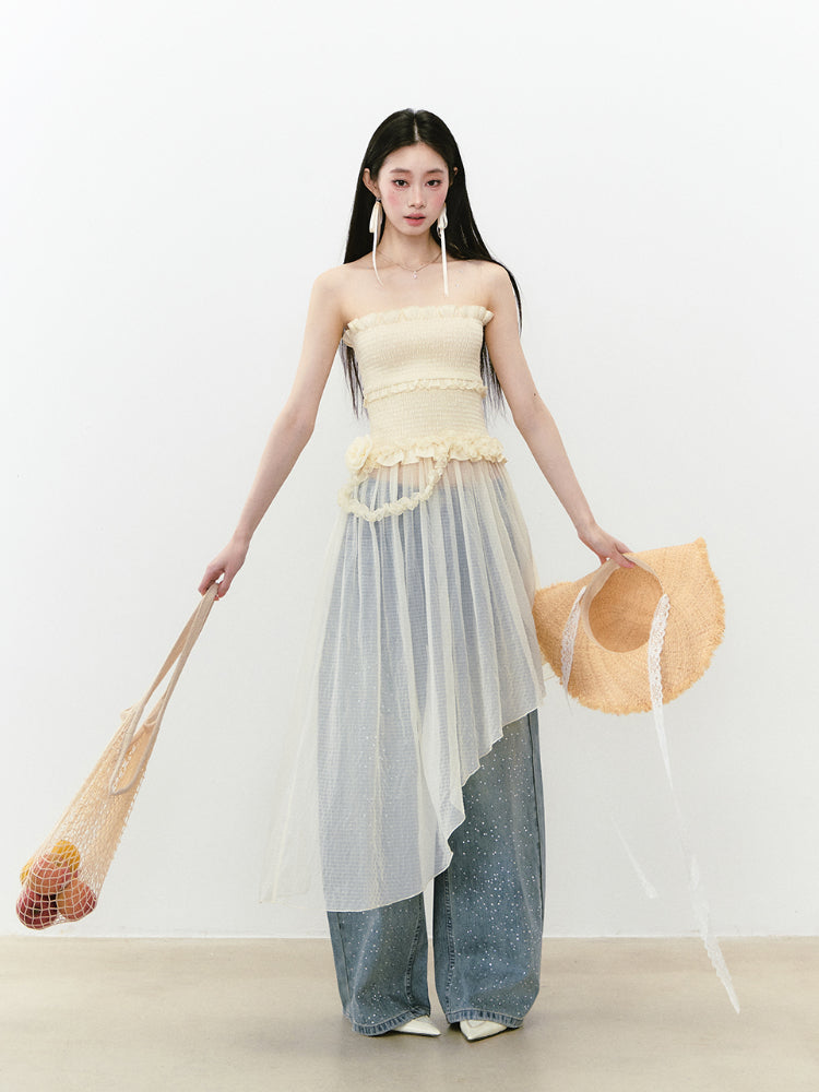 Irregular Strapless Mesh Dress